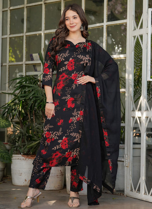 Printed Satin Blend Black Pant Style Suit T6096