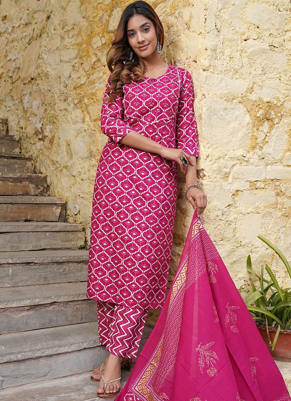 Salwar Suit Printed Hot Pink Rayon T5378
