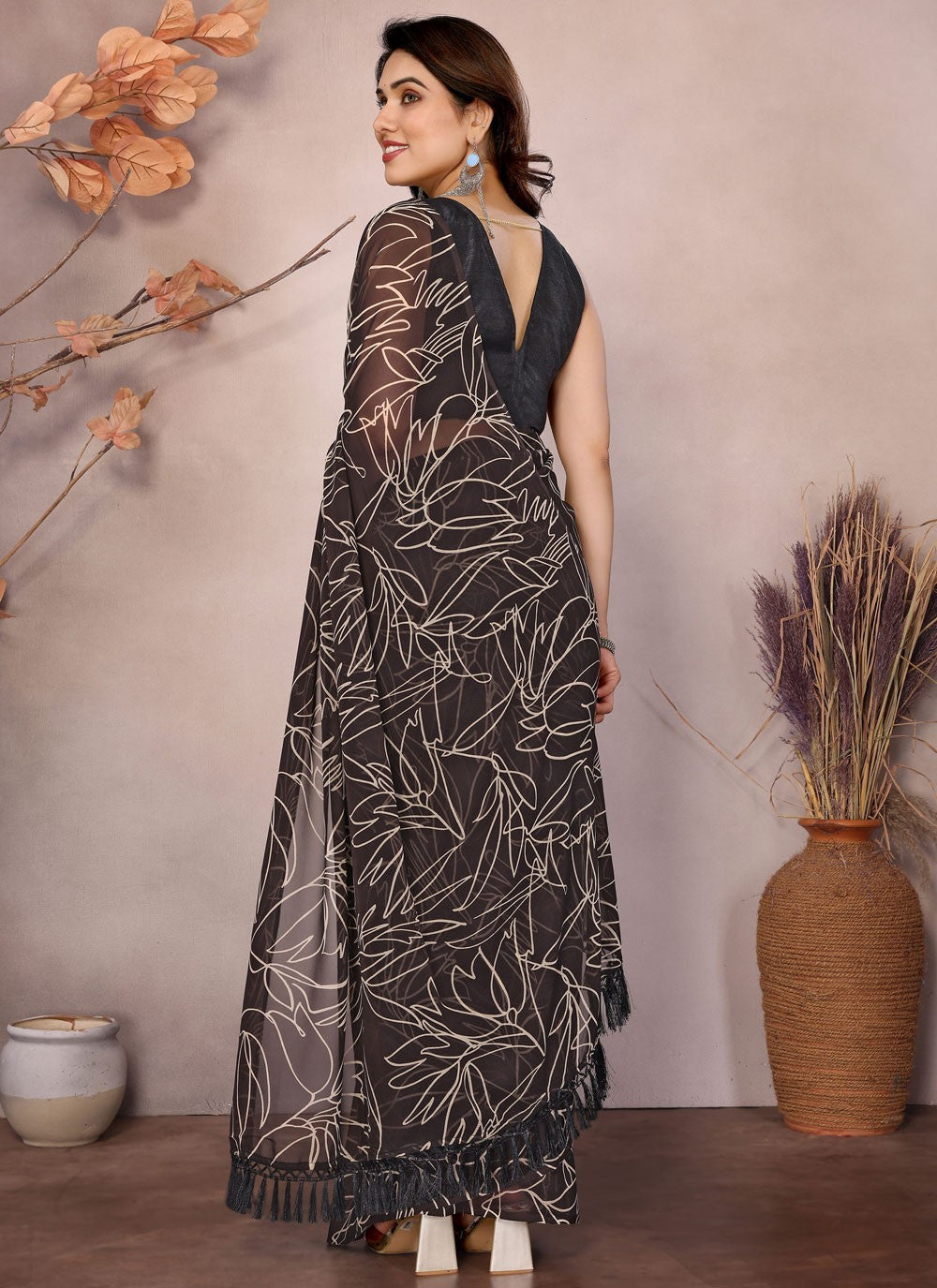 Printed Georgette Brown Saree S13945