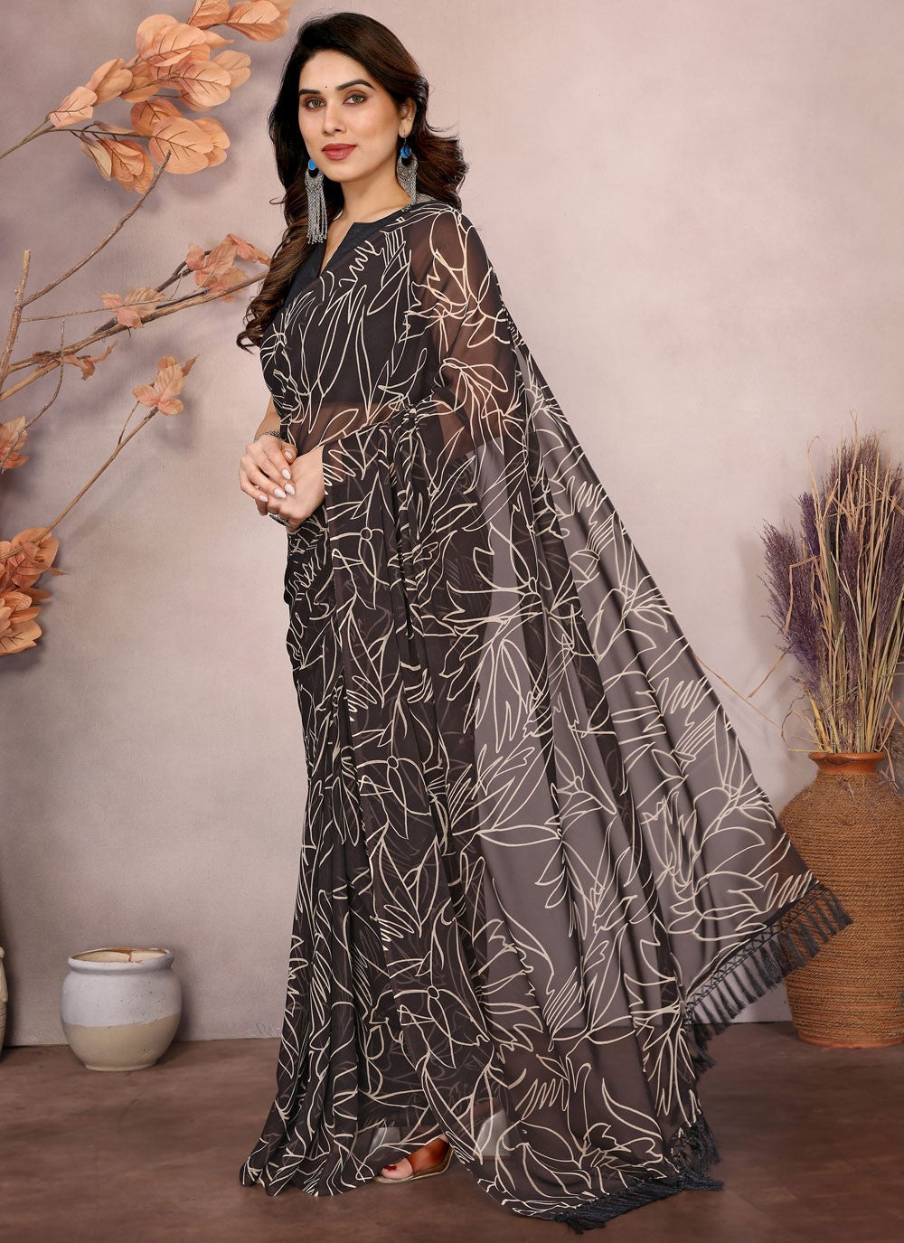 Printed Georgette Brown Saree S13945