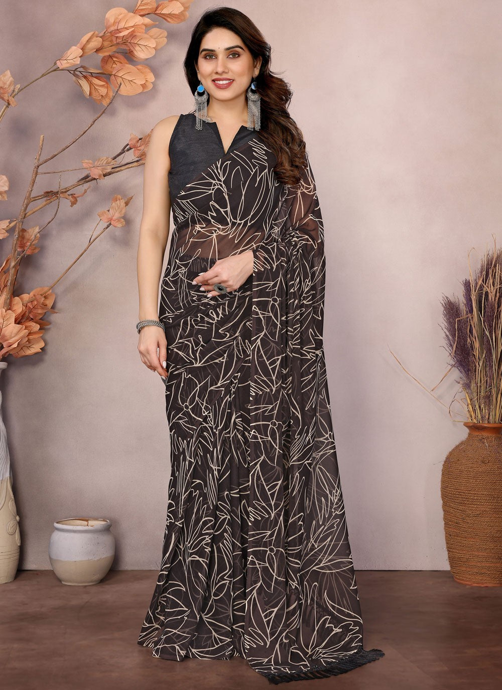 Printed Georgette Brown Saree S14181