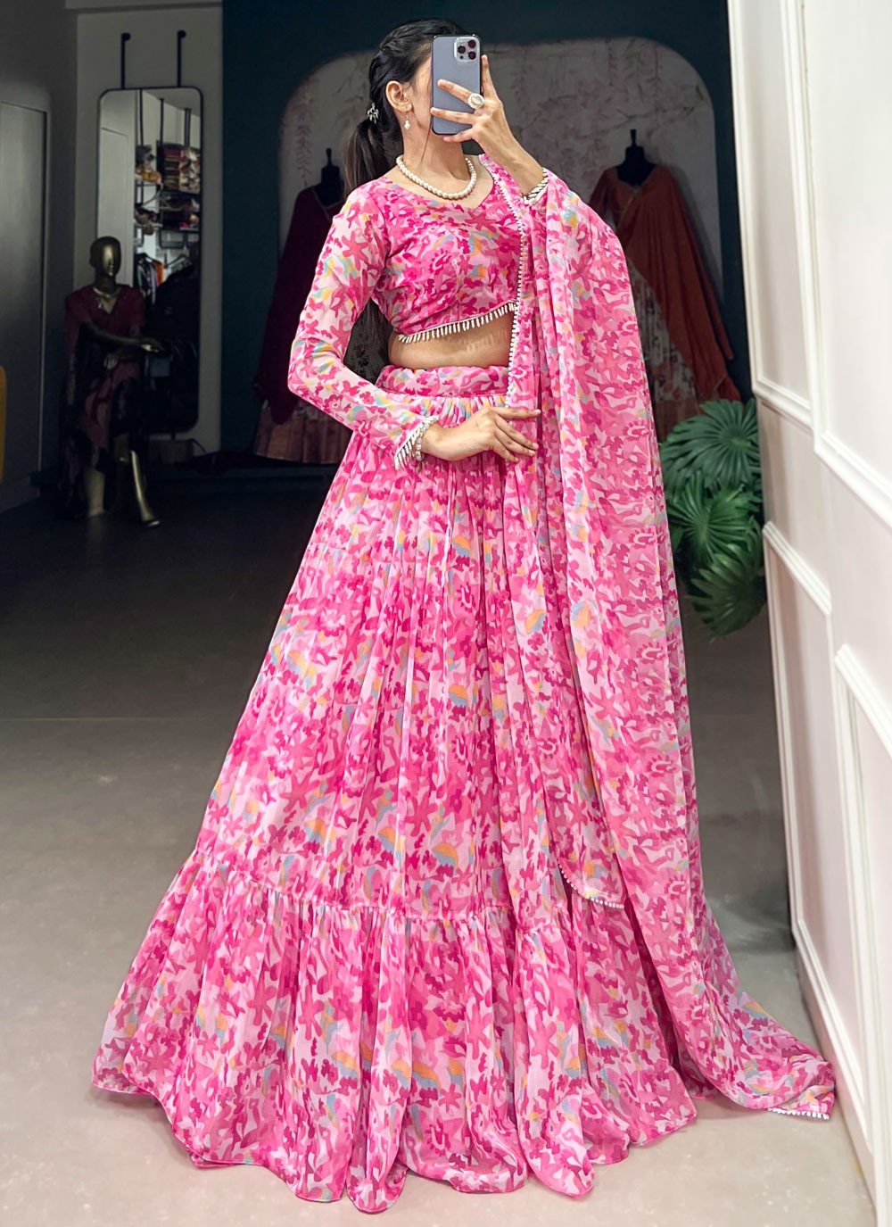 Printed Georgette Pink Lehenga - L3202