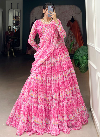 Printed Georgette Pink Lehenga - L3202