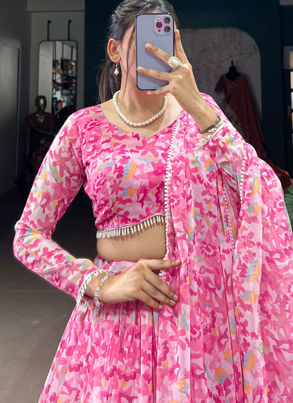 Printed Georgette Pink Lehenga - L3202