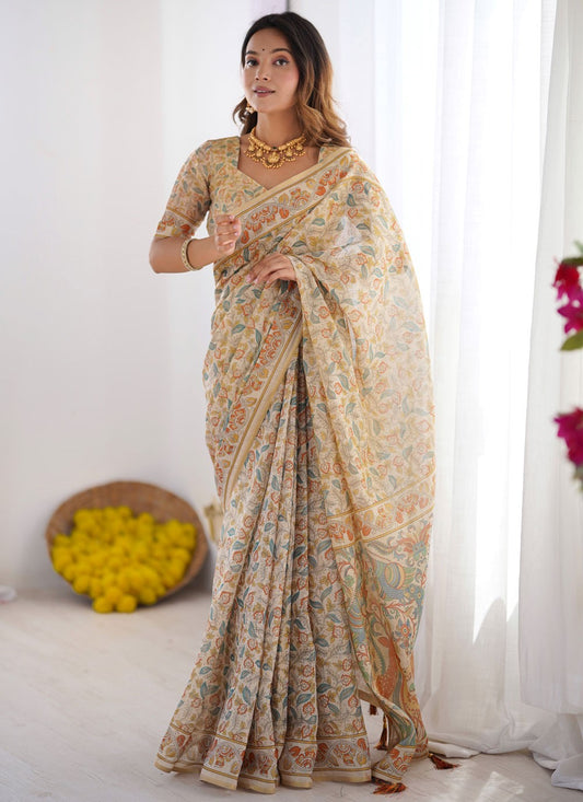 White Handloom Cotton Traditional Saree Printed S16976