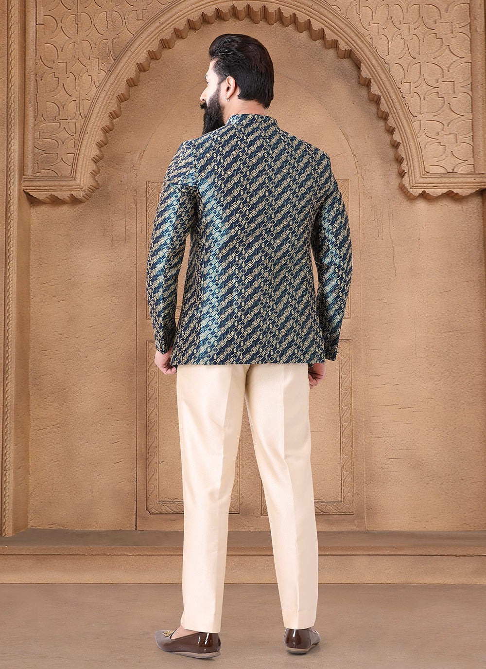 Printed Jacquard Green Jodhpuri Suit - M7629
