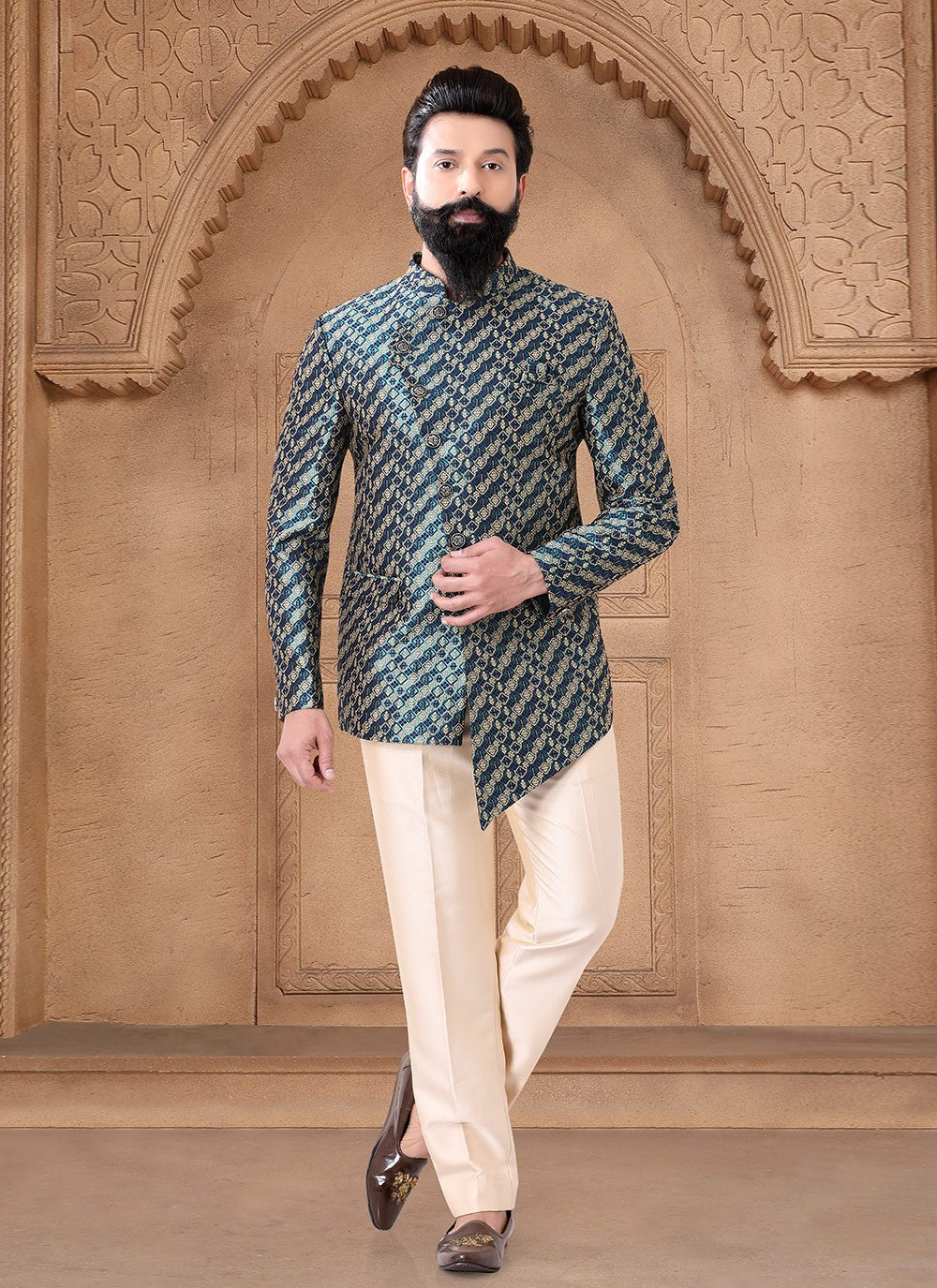 Printed Jacquard Green Jodhpuri Suit - M7629