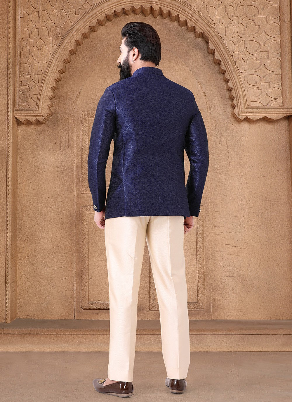 Printed Jacquard Navy Blue Jodhpuri Suit - M7630