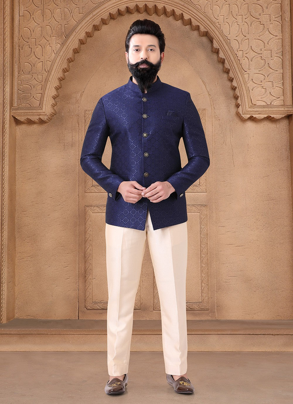 Printed Jacquard Navy Blue Jodhpuri Suit - M7630