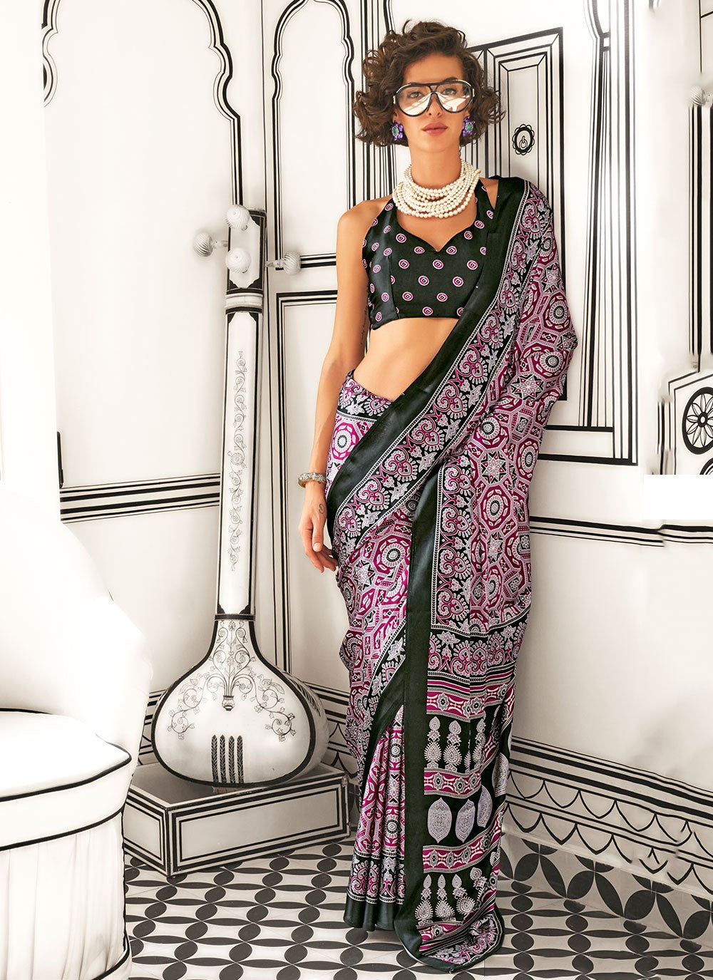 Classic Printed Crepe Silk, Satin Saree - S6780