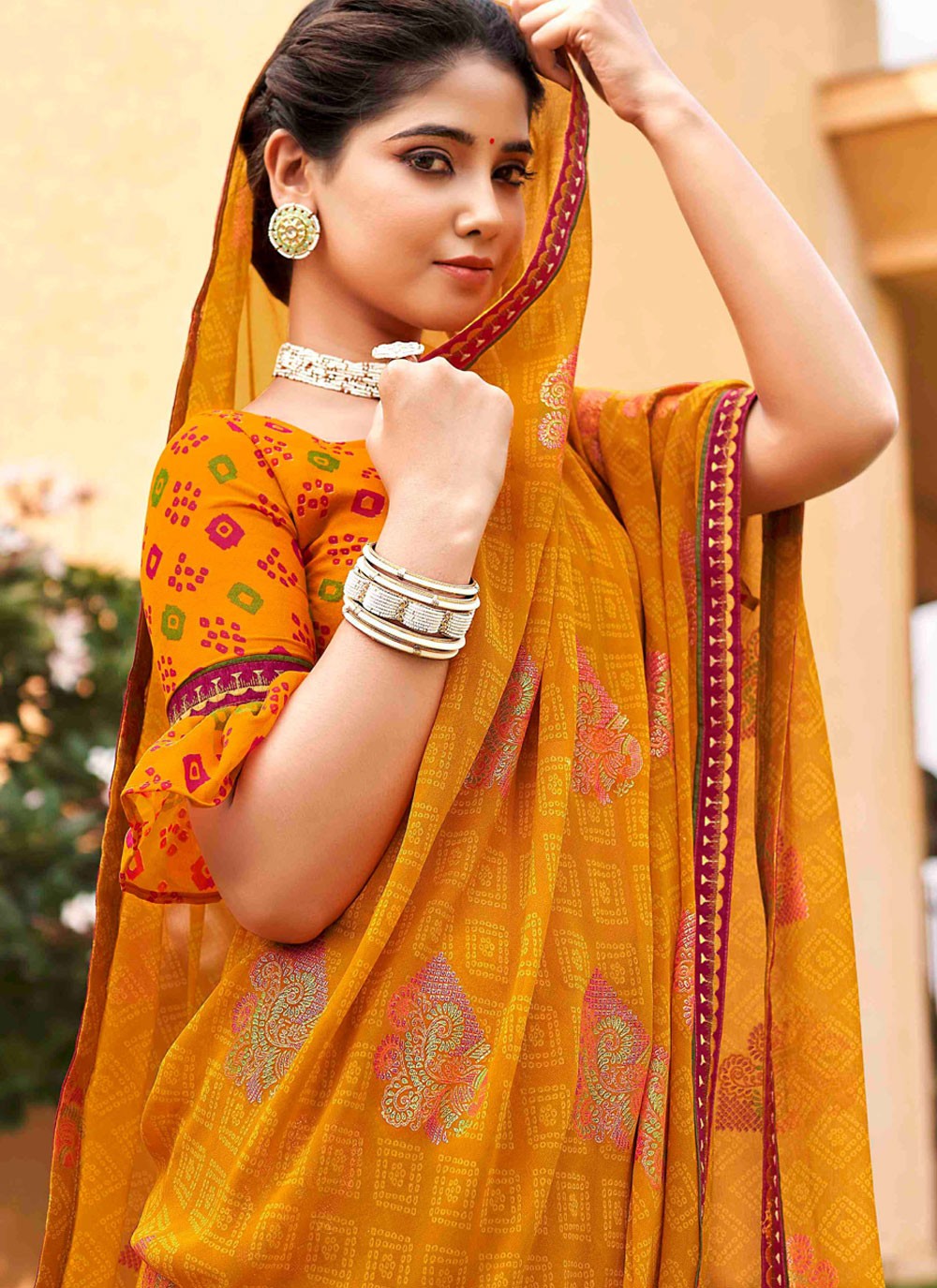 Contemporary Printed Mustard Georgette S12453