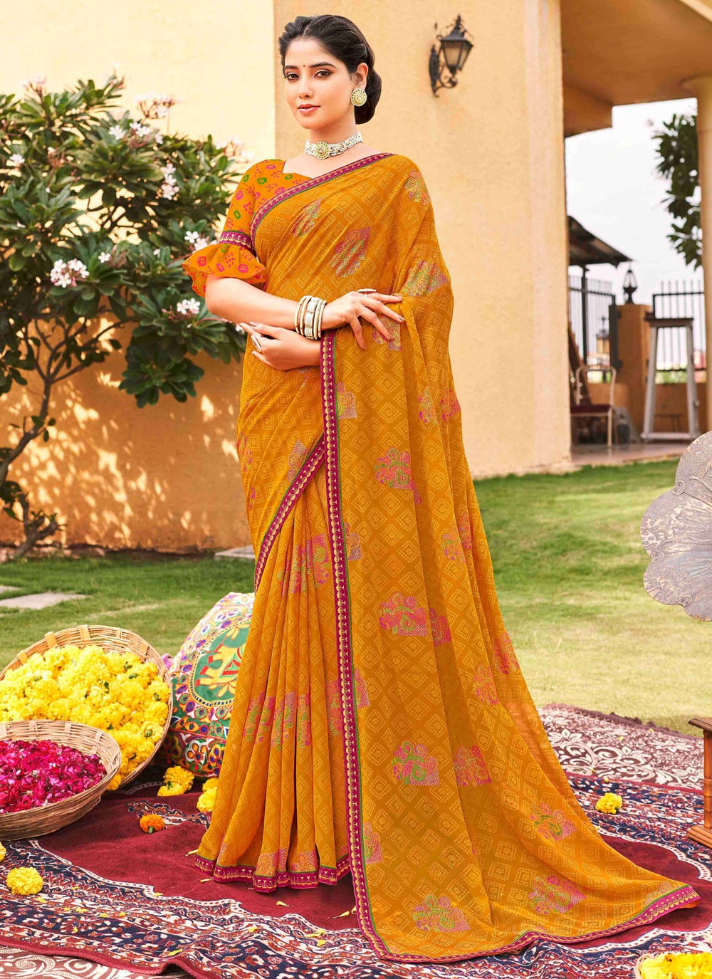 Contemporary Printed Mustard Georgette S12453