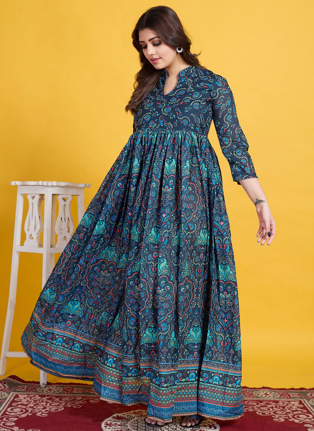 Printed Cotton Navy Blue Gown G19813