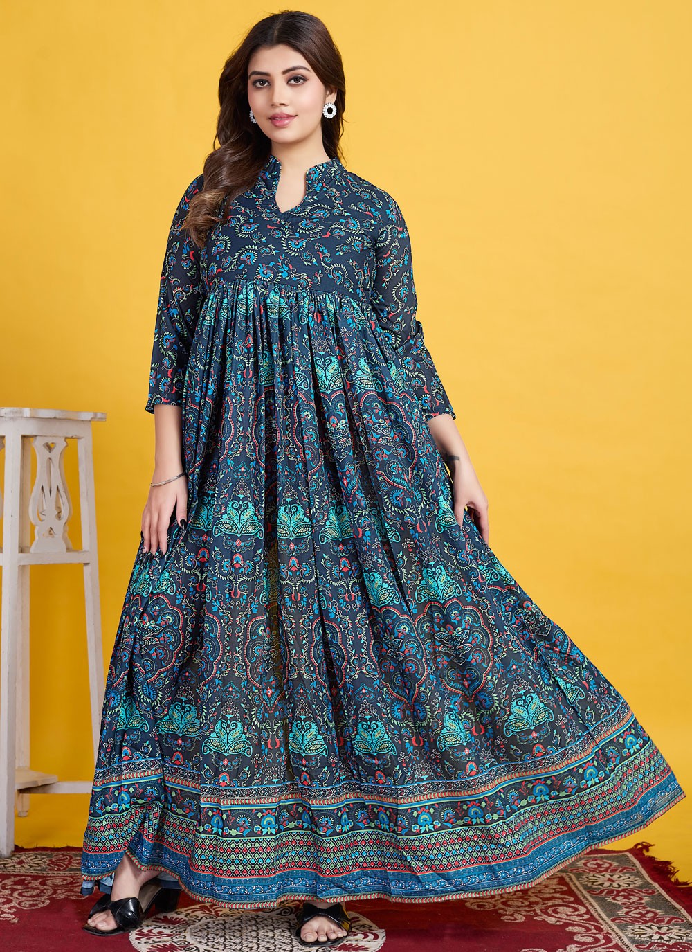 Printed Cotton Navy Blue Gown G19813