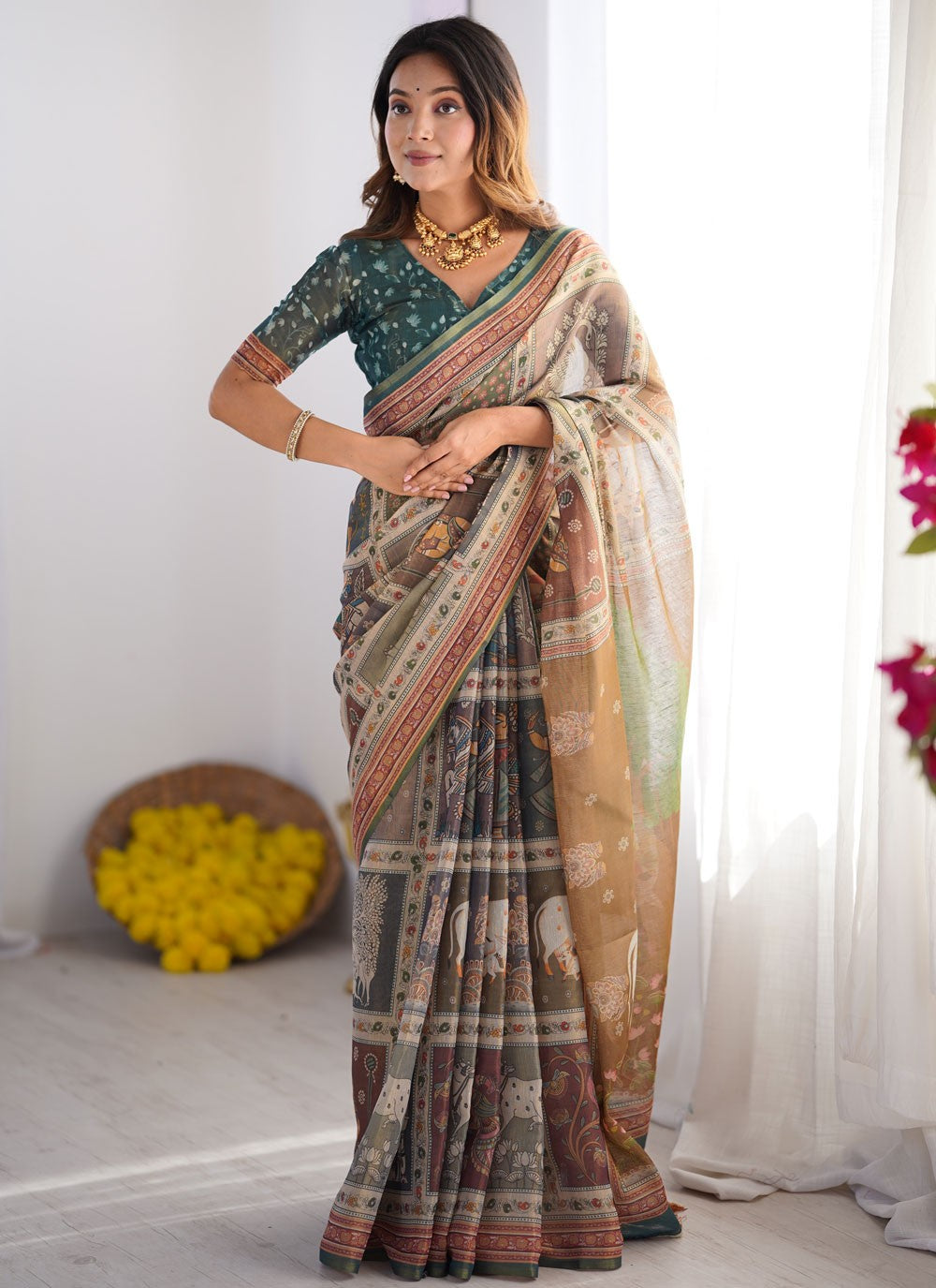 Grey Handloom Cotton Traditional Saree Printed S16970