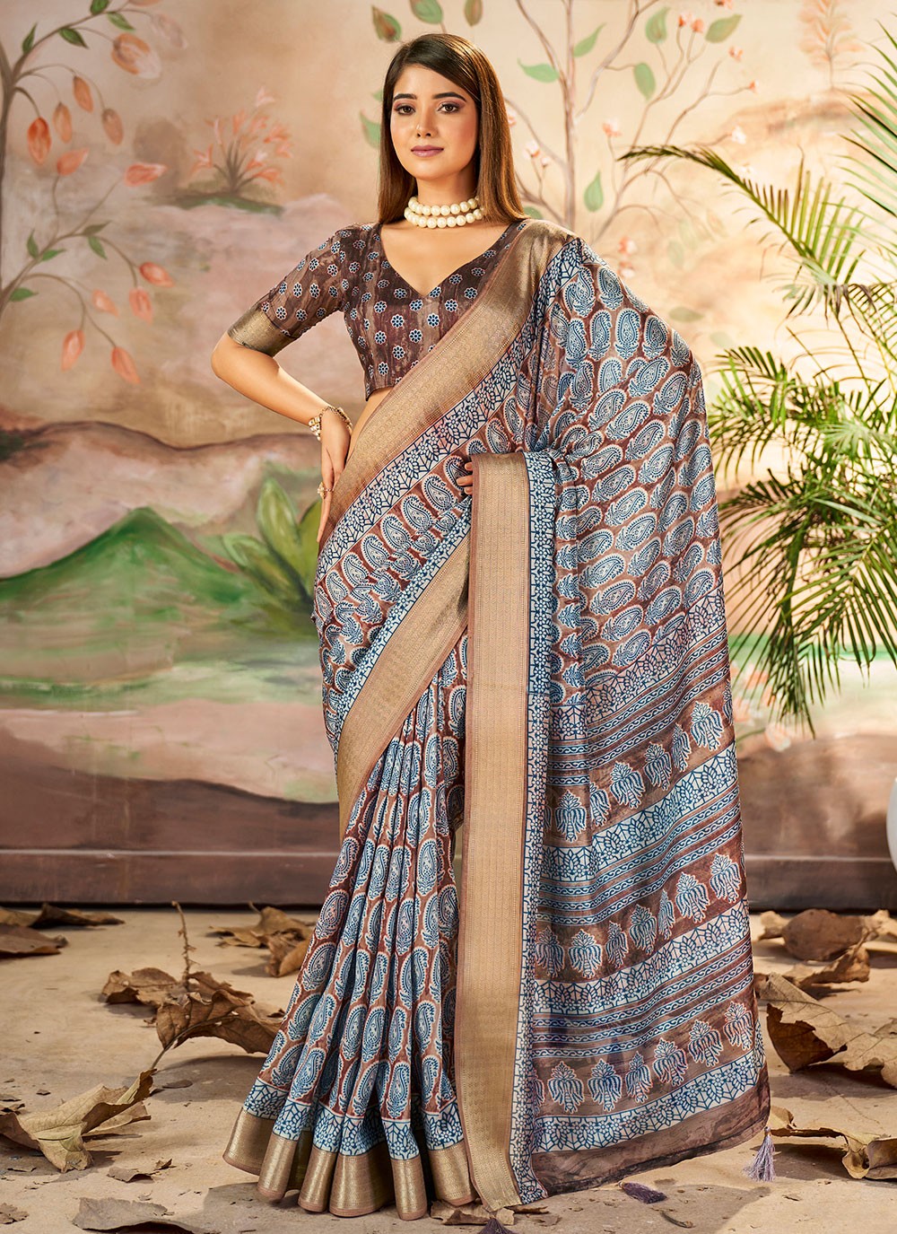 Printed Silk Brown Trendy Saree S15371