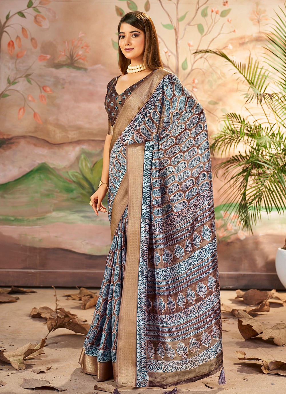 Printed Silk Brown Trendy Saree S15371