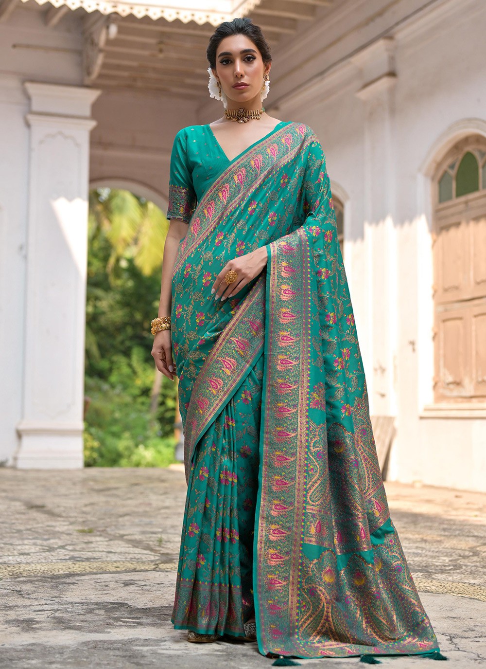 Printed Pashmina Silk Sea Green Saree S13843