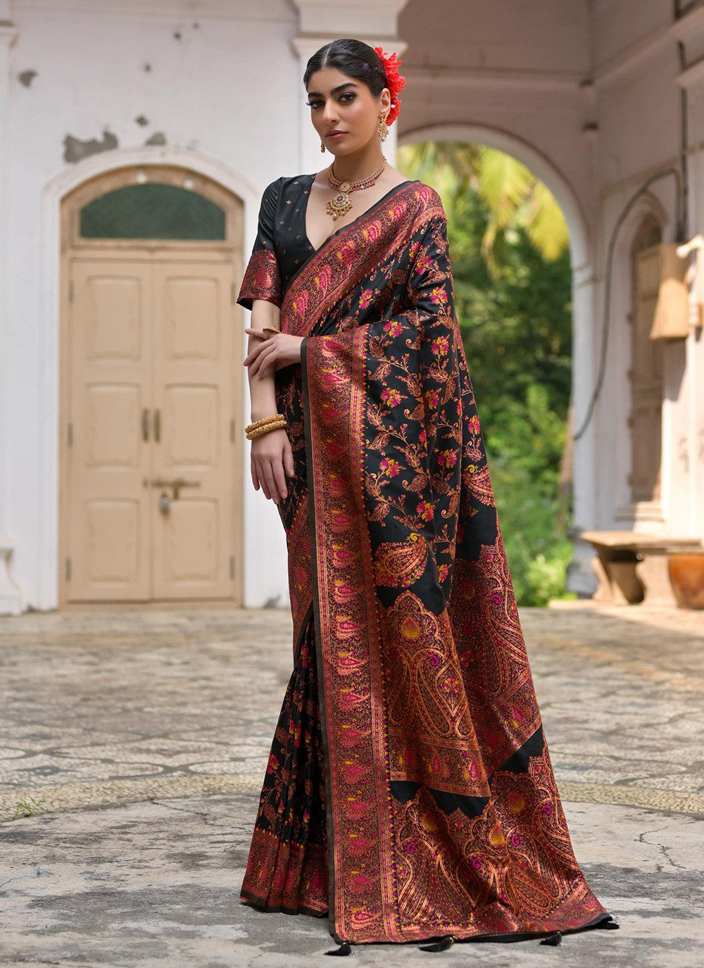 Printed Pashmina Silk Black Saree S14073