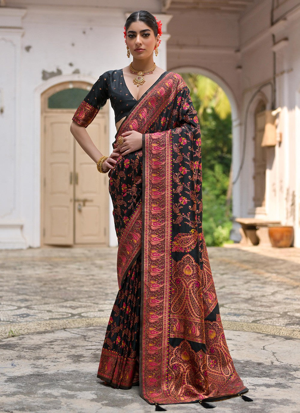Printed Pashmina Silk Black Saree S14073