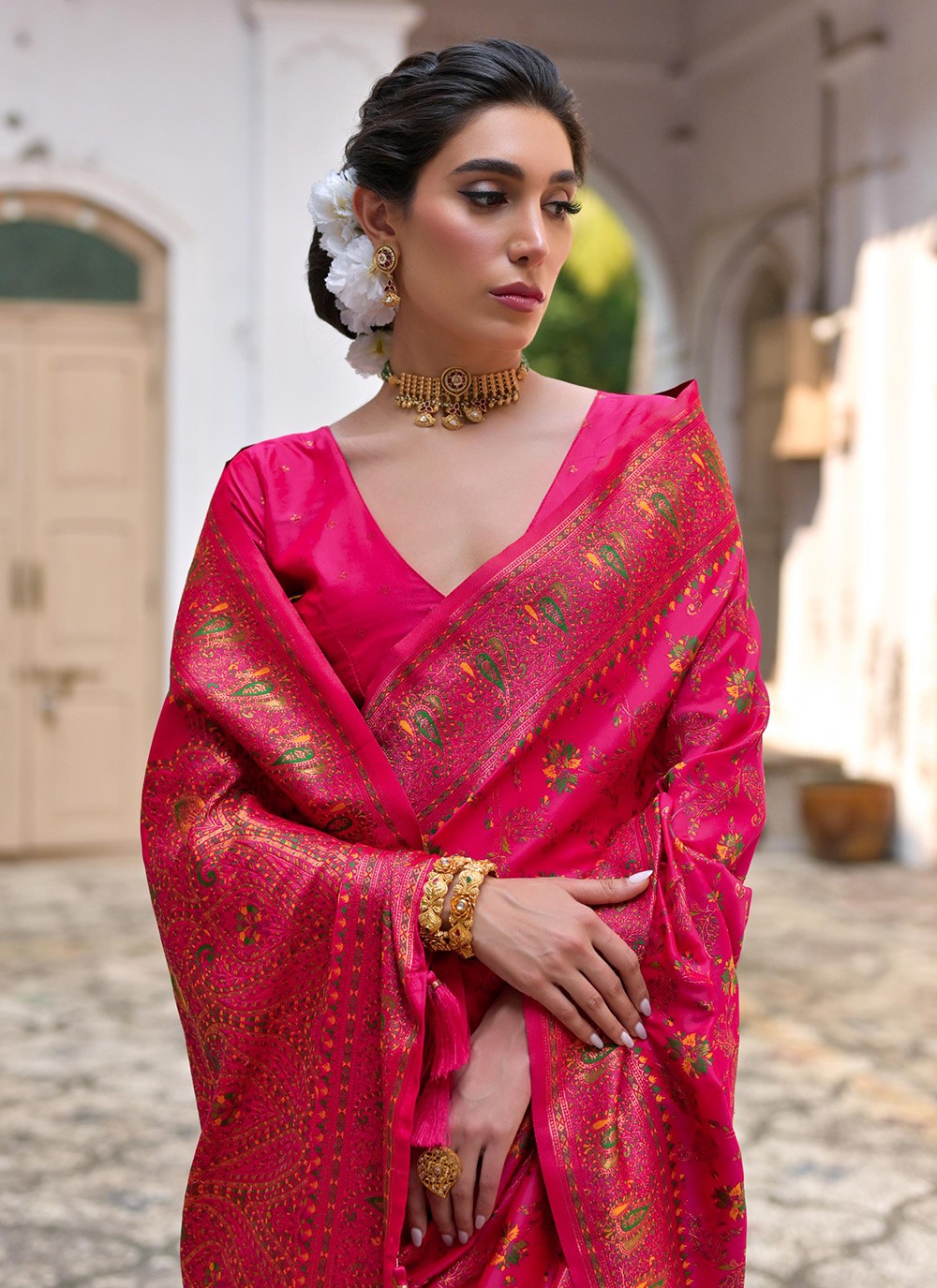 Printed Pashmina Silk Pink Saree S14078