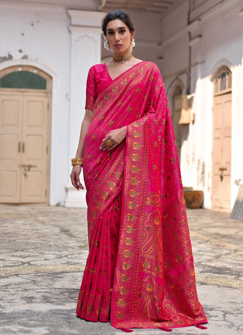 Printed Pashmina Silk Pink Saree S13842
