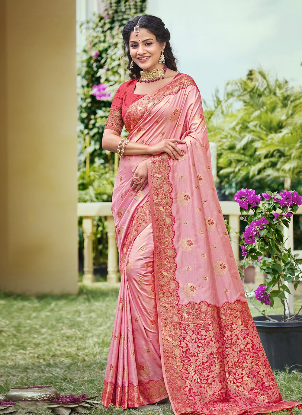 Contemporary Printed Pink Banarasi Silk S12733
