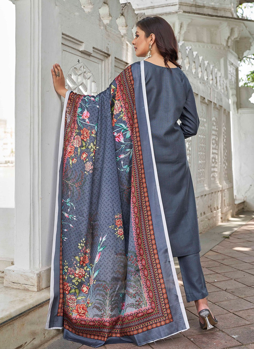 Pant Style Suit Embroidered Grey Cotton T5002