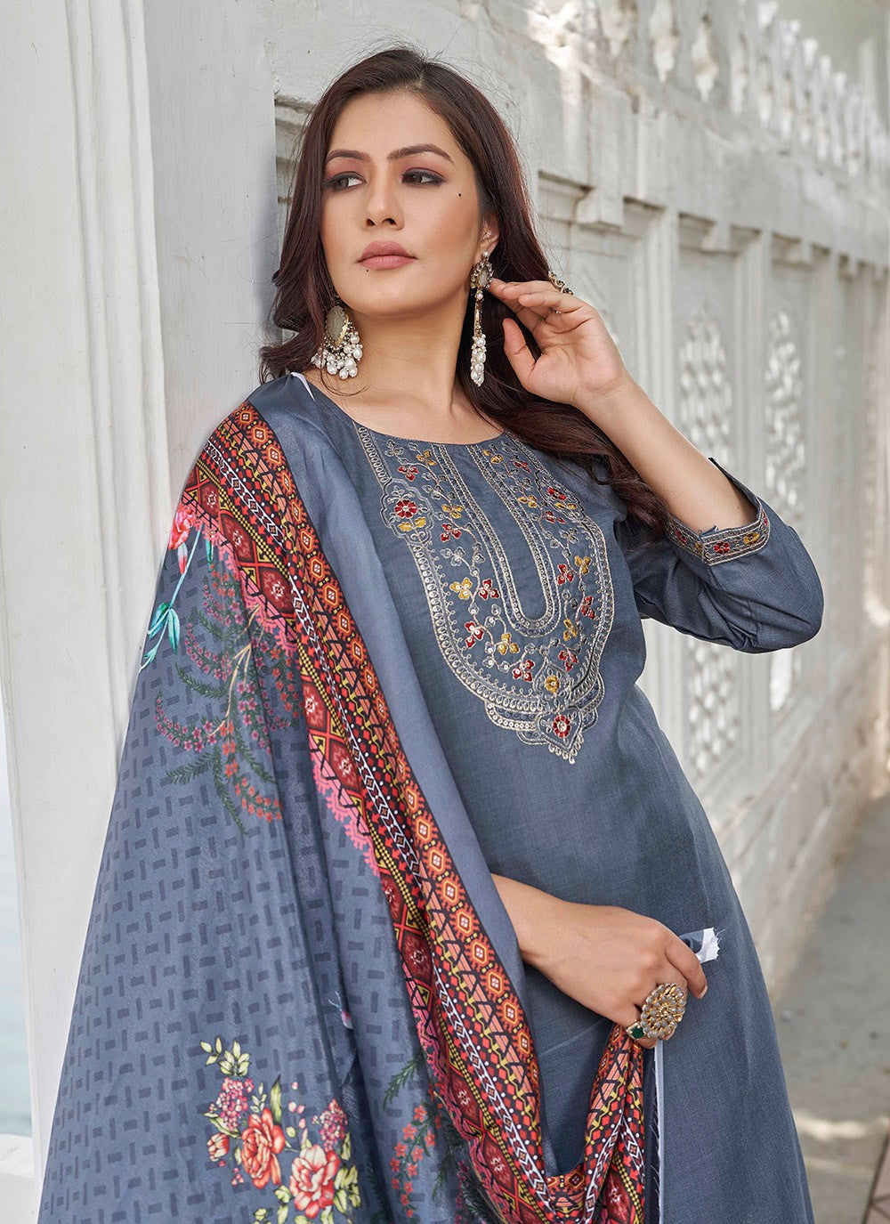 Pant Style Suit Embroidered Grey Cotton T5002