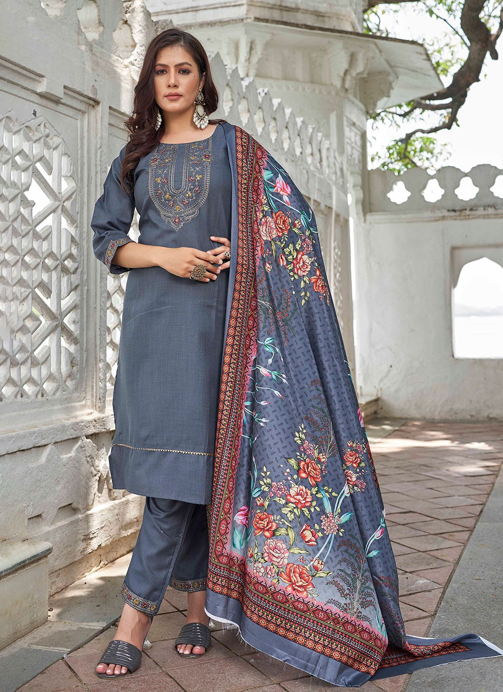 Pant Style Suit Embroidered Grey Cotton T5002