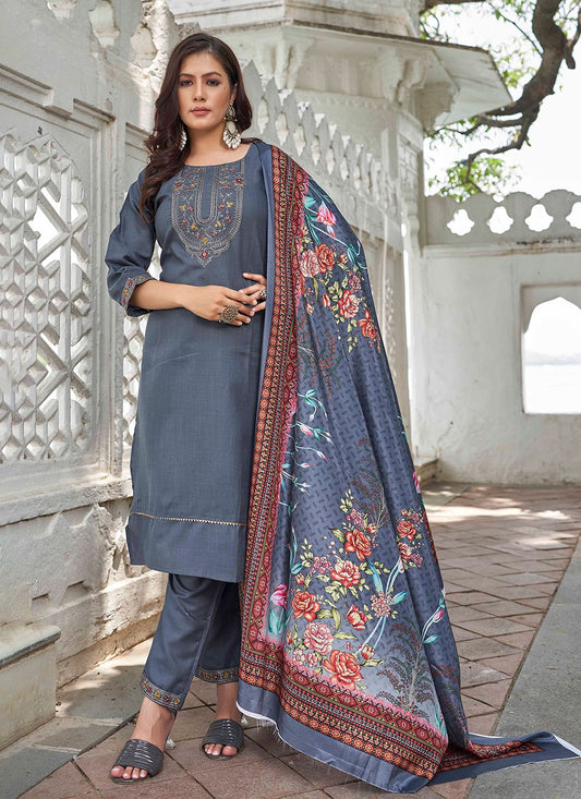 Pant Style Suit Embroidered Grey Cotton T5002