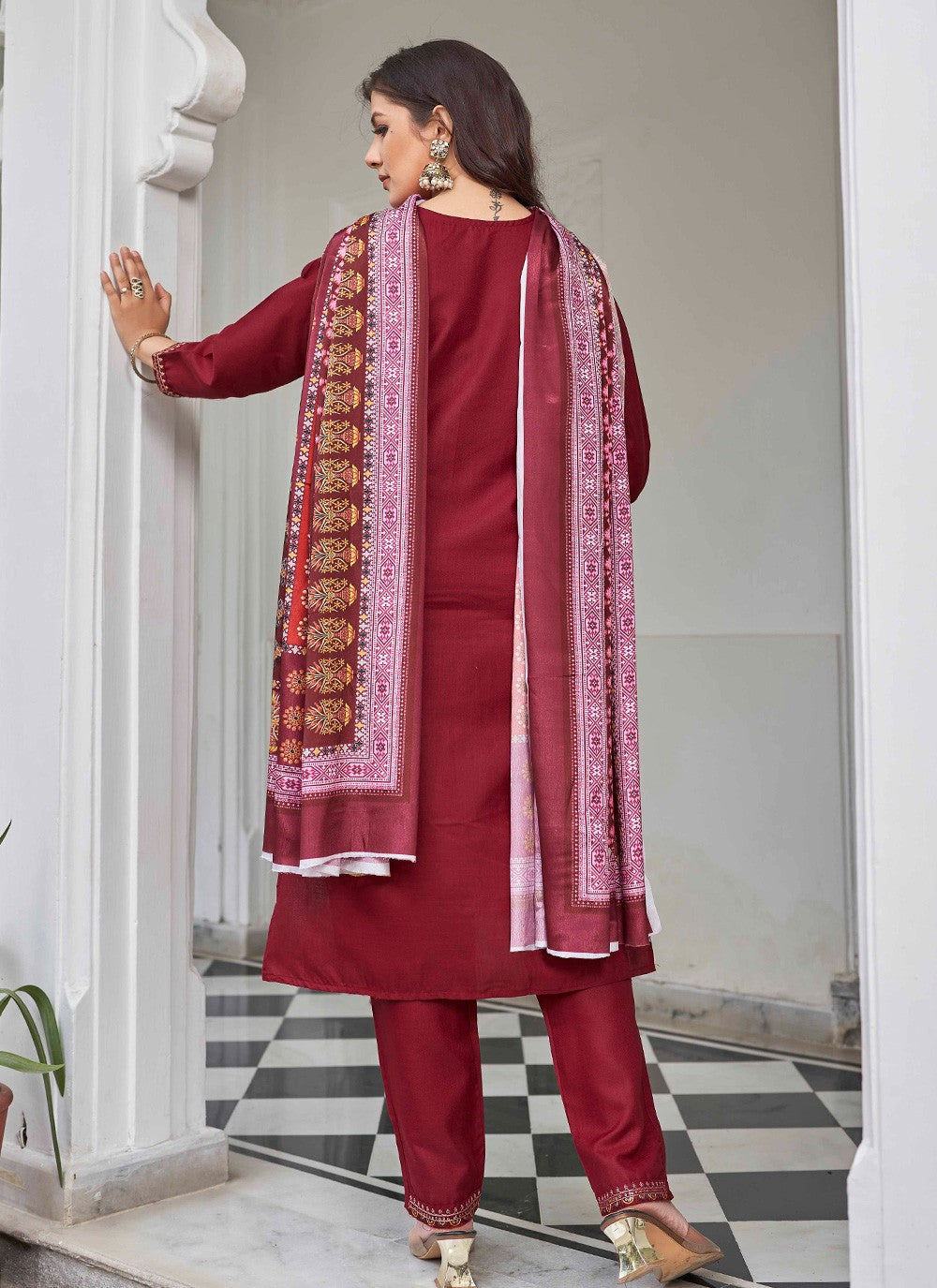 Pant Style Suit Embroidered Maroon Cotton T5003