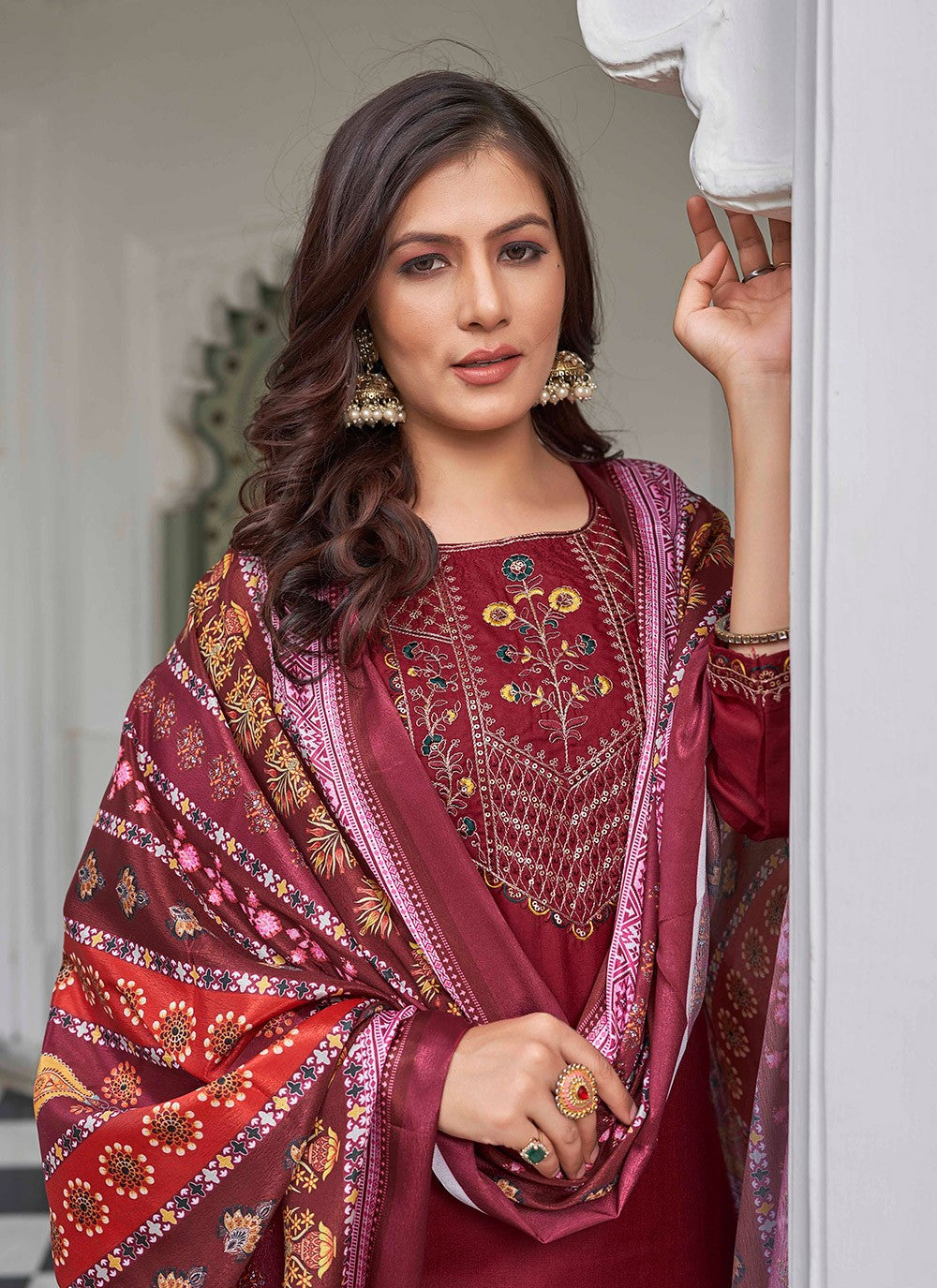 Pant Style Suit Embroidered Maroon Cotton T5003