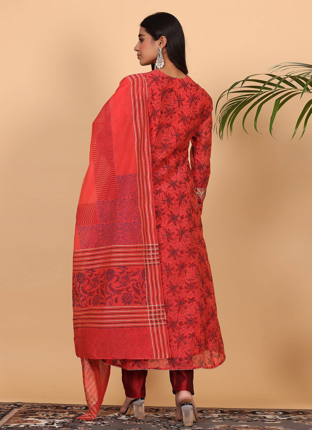 Printed Chanderi Red Salwar Suit T5938