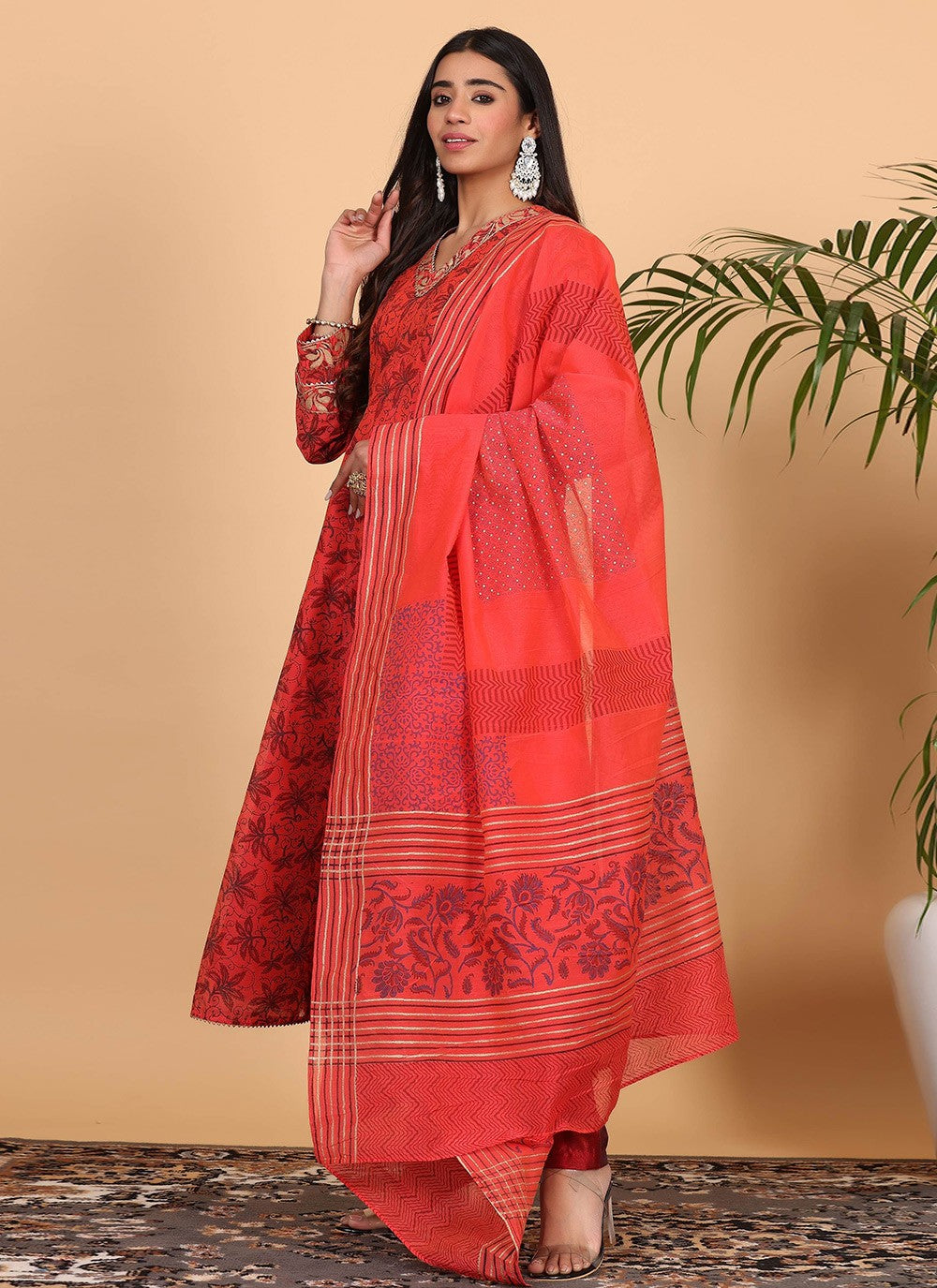 Printed Chanderi Red Salwar Suit T5938