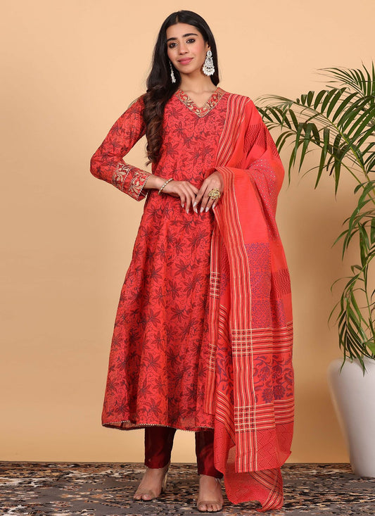 Printed Chanderi Red Salwar Suit T5938