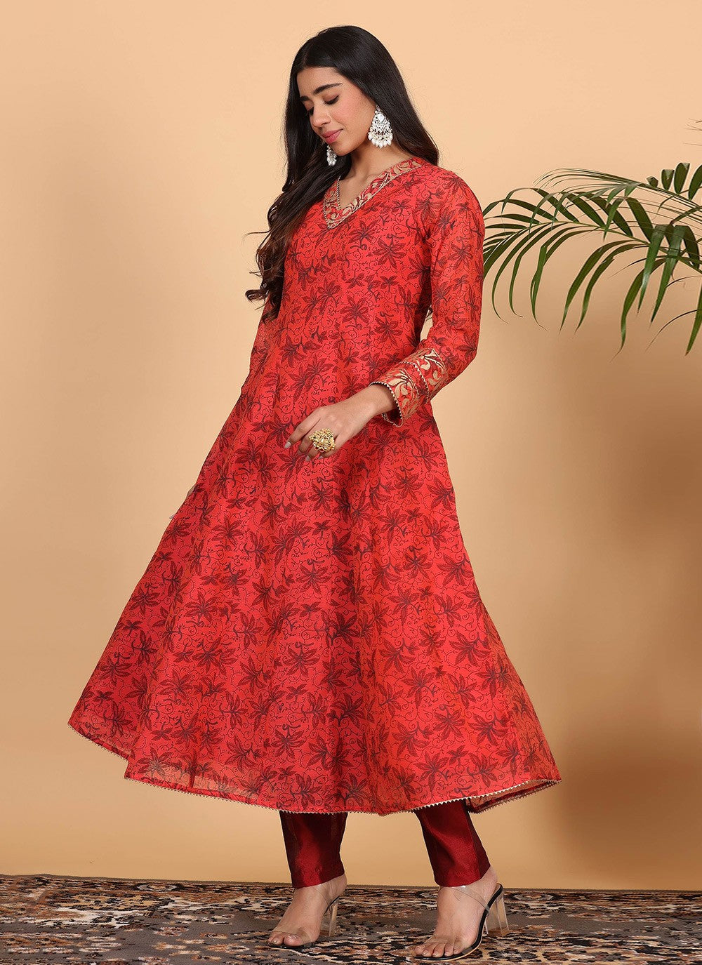 Printed Chanderi Red Salwar Suit T5938