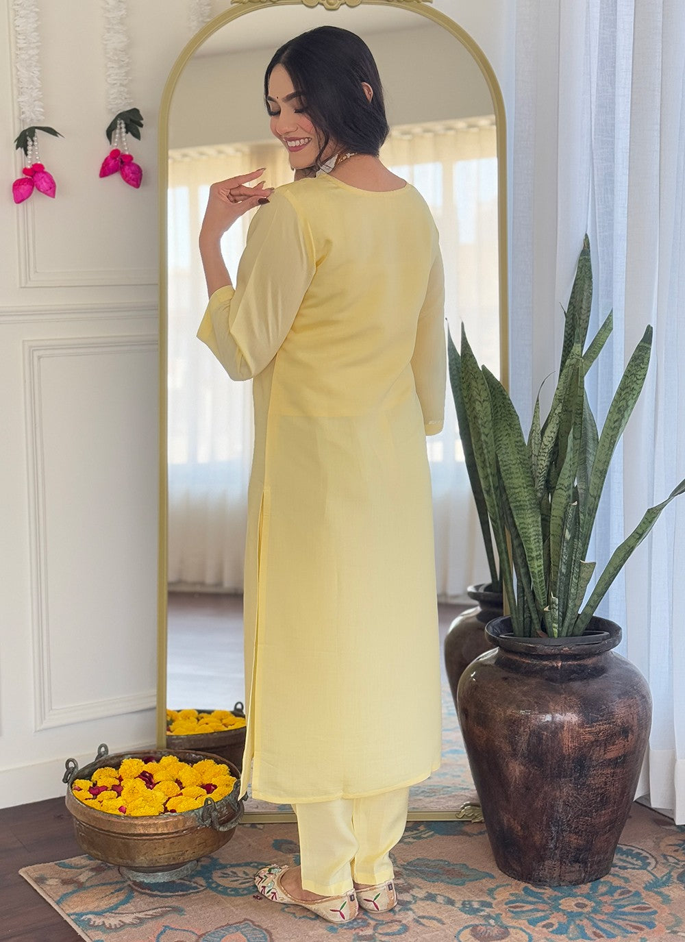 Pant Style Suit Embroidered, Printed Yellow T7379