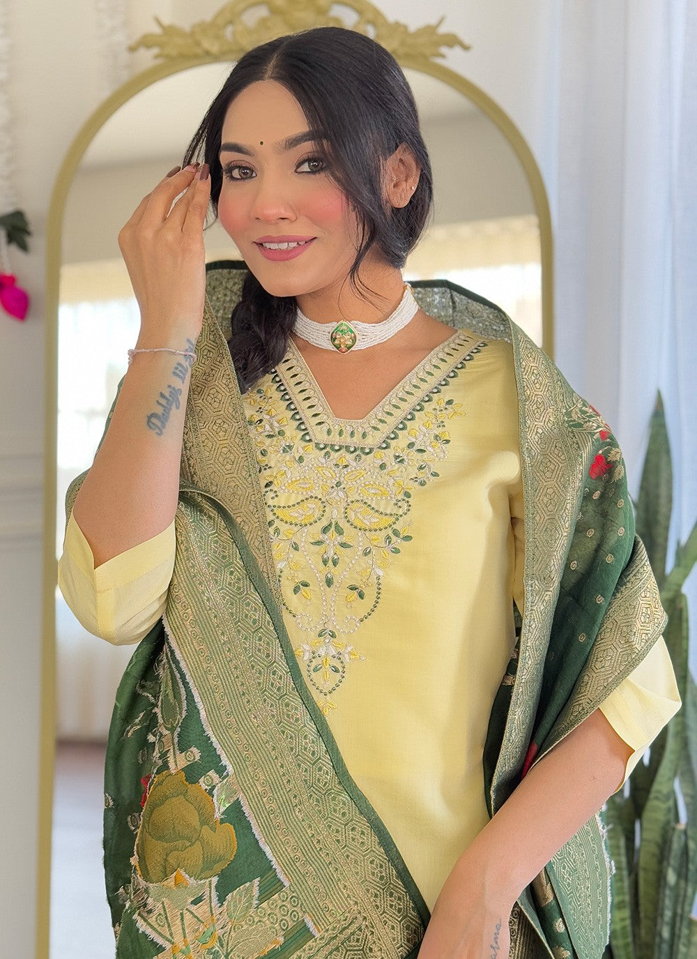 Pant Style Suit Embroidered, Printed Yellow T7379