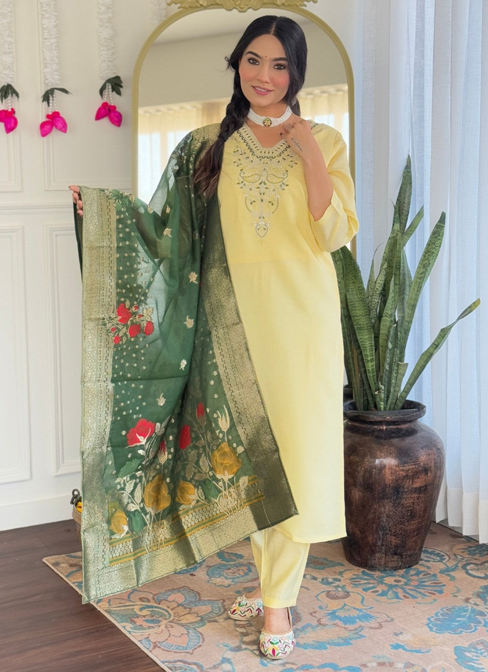 Pant Style Suit Embroidered, Printed Yellow T7379
