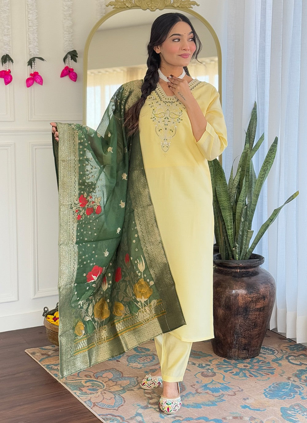 Pant Style Suit Embroidered, Printed Yellow T7379