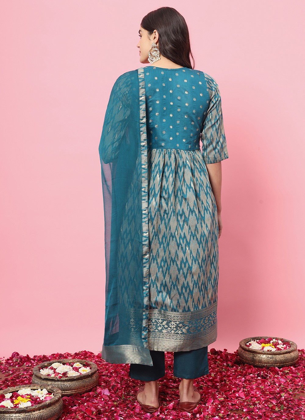 Pant Style Suit Embroidered, Printed Teal T7216