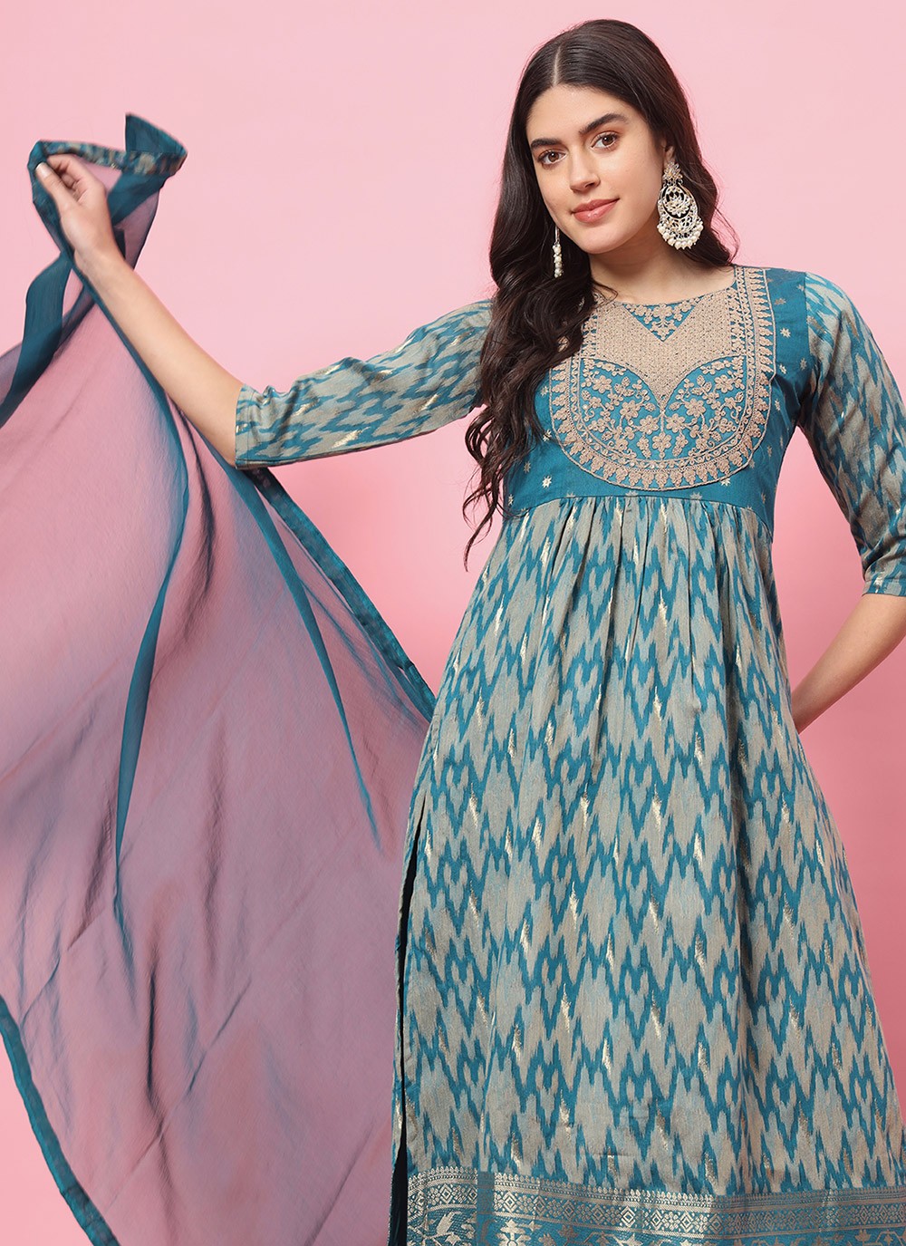Pant Style Suit Embroidered, Printed Teal T7216