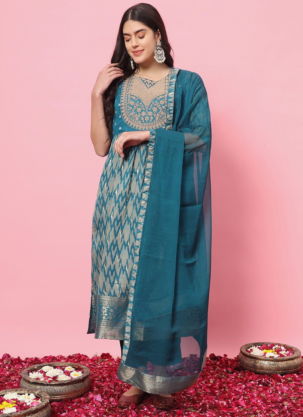 Pant Style Suit Embroidered, Printed Teal T7216