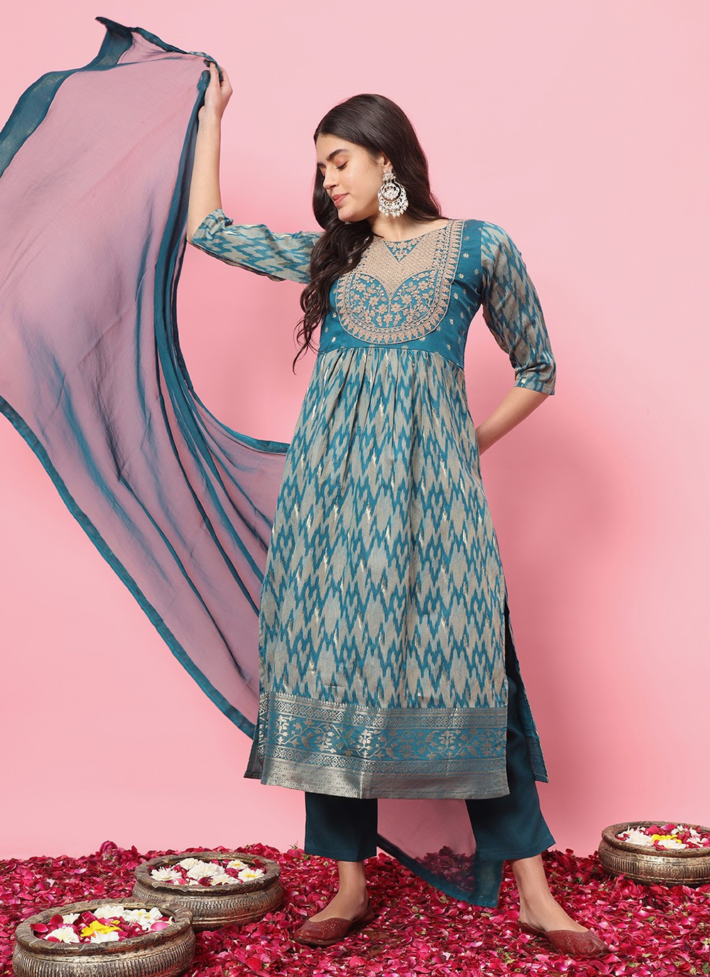 Pant Style Suit Embroidered, Printed Teal T7216