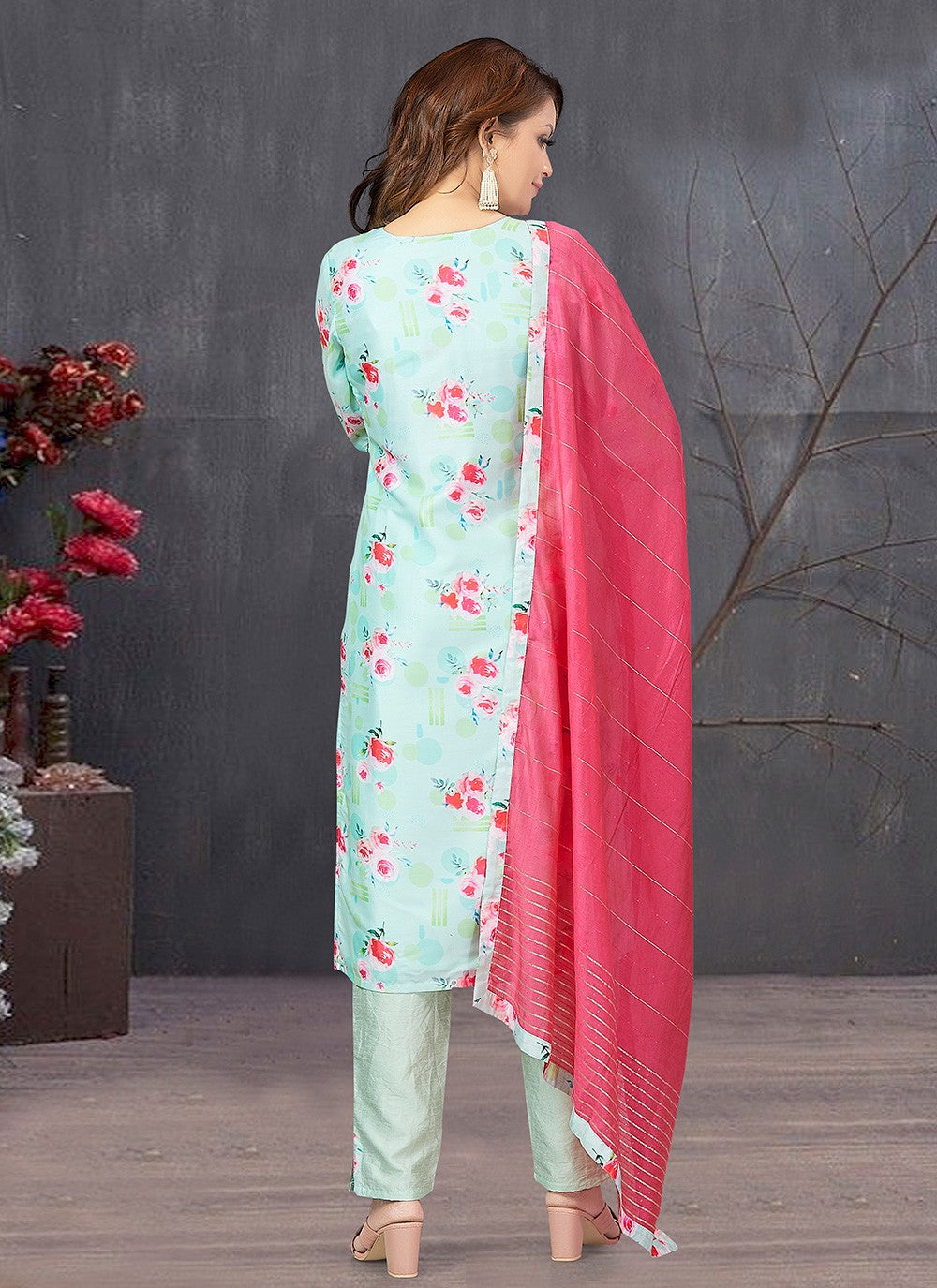 Pant Style Suit Embroidered, Printed Sea Green T8010