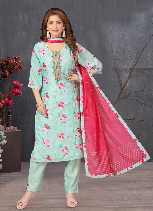 Pant Style Suit Embroidered, Printed Sea Green T8010