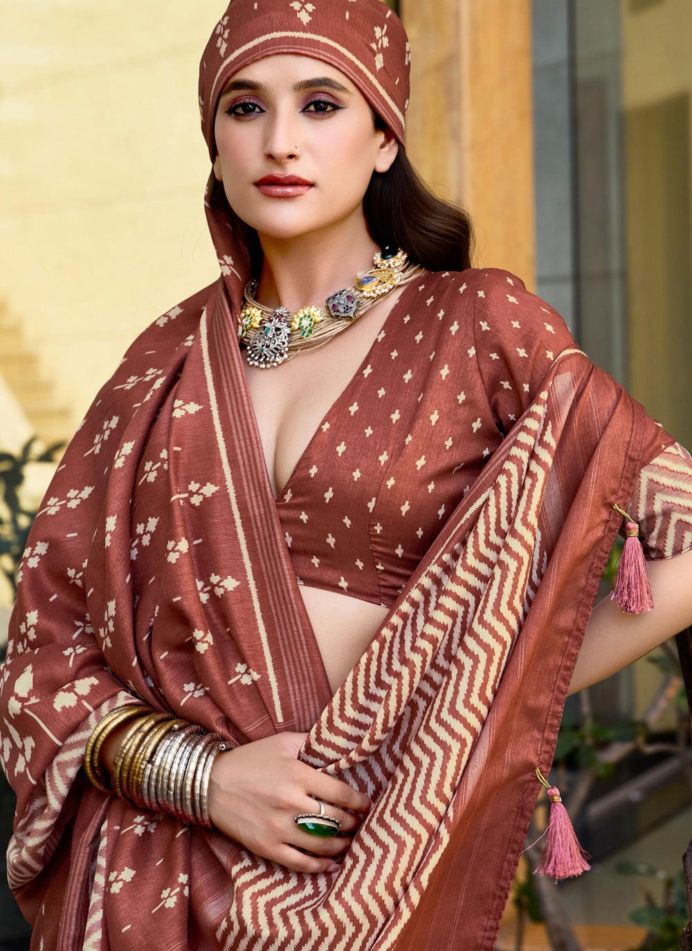 Brown Silk Contemporary Saree Printed S17080