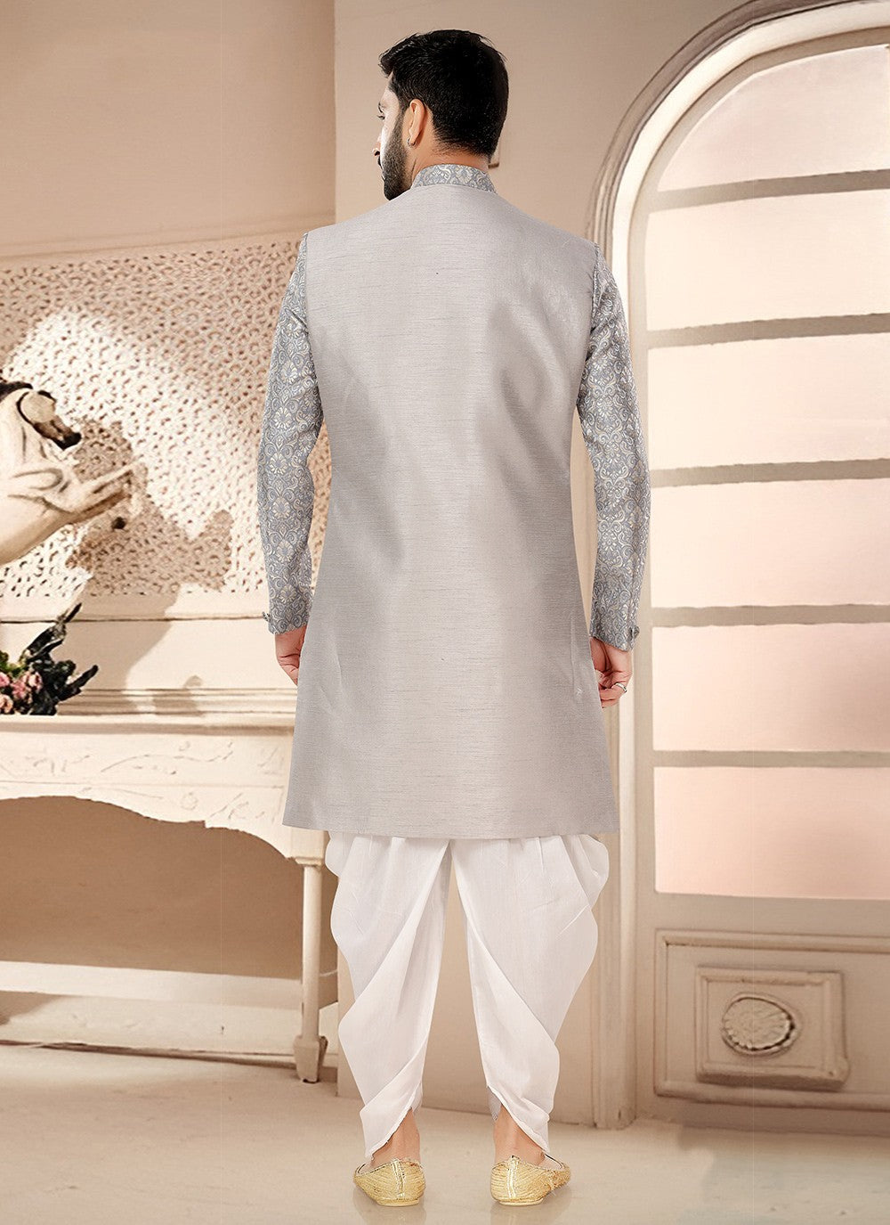 Printed Silk Grey Sherwani - M7536