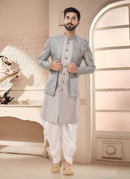 Printed Silk Grey Sherwani - M7536